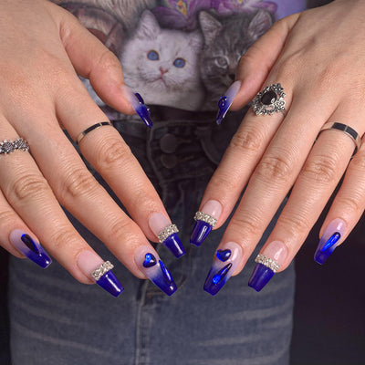  French Tips Handmade Nails Blue Long Coffin