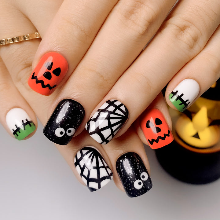 Pumpkin Carved Stick On Nails Halloween Multicolor Short Squoval