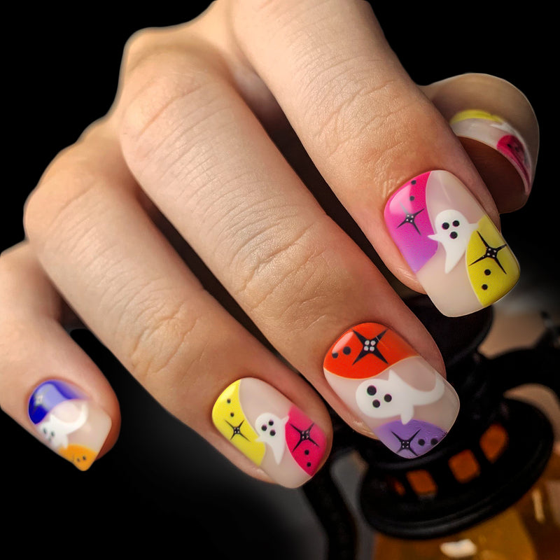 Cute Ghost False Nails Halloween Multicolor Short Squoval