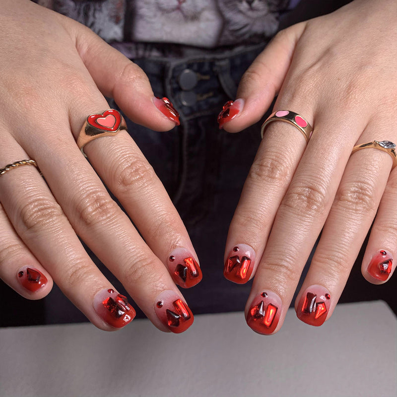 Glue On Nails Red Short Squoval