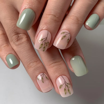 Leaves Press On Acrylic Nails Green Short Square