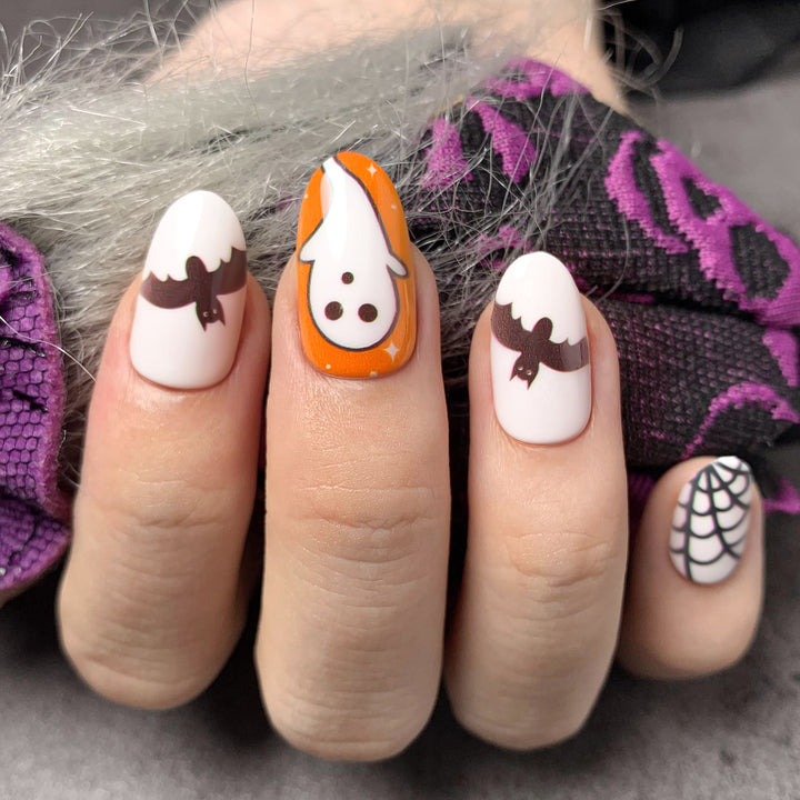 Cute Halloween Ghost Bats Pumpkin Short Oval Press On Nails