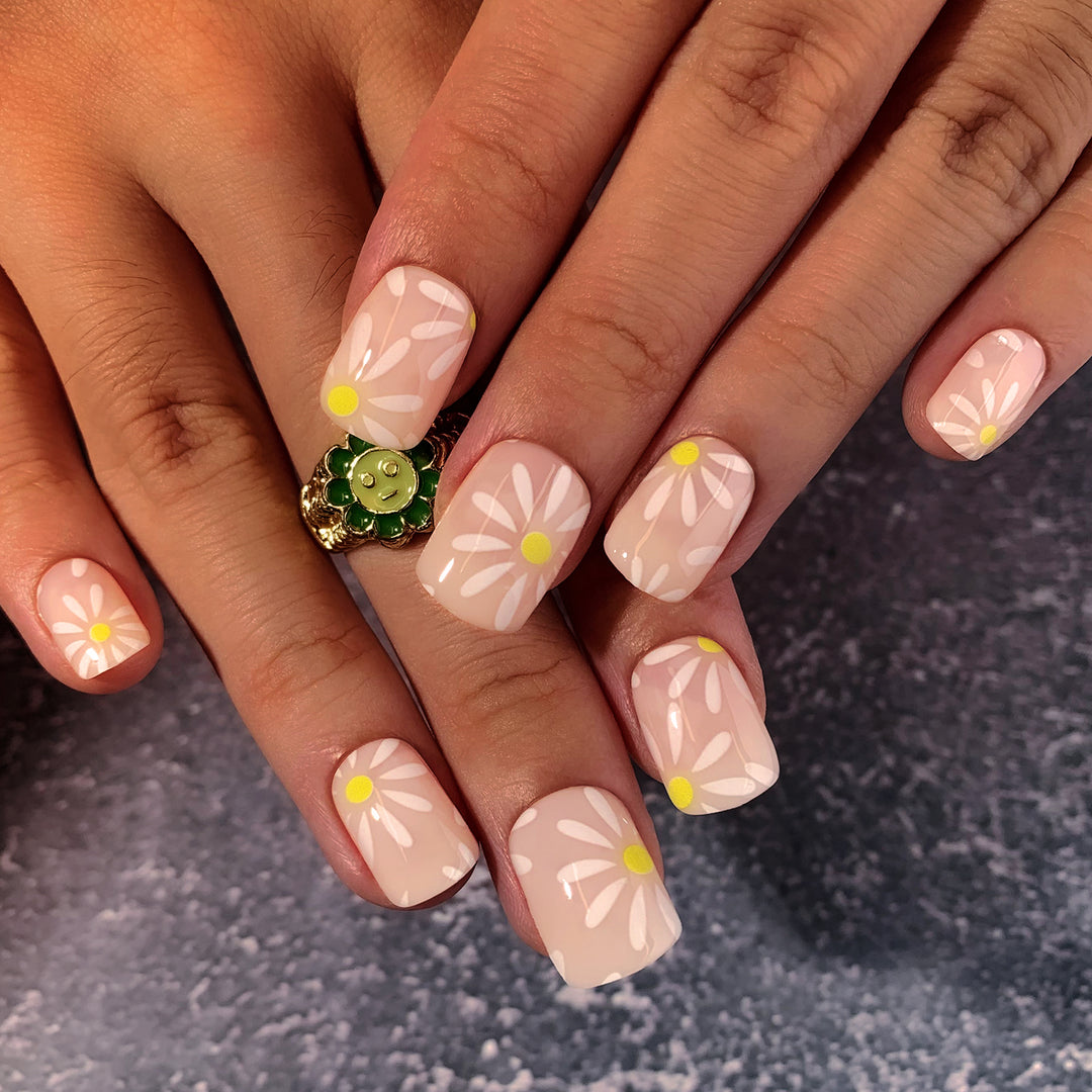 White Flower French Tips Short Squoval Press On Nails