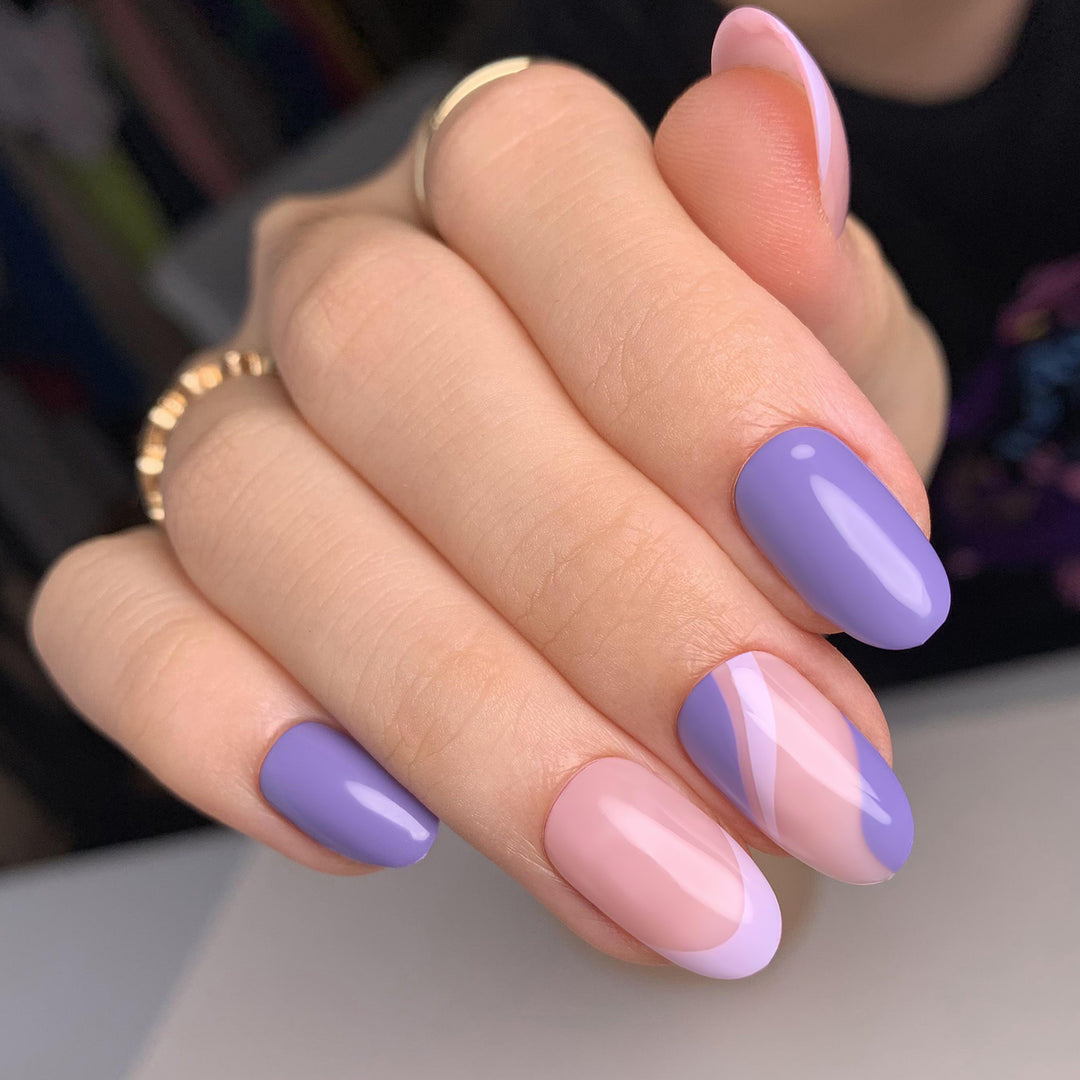 Ripple French Tips Nails Pink Purple Short Oval