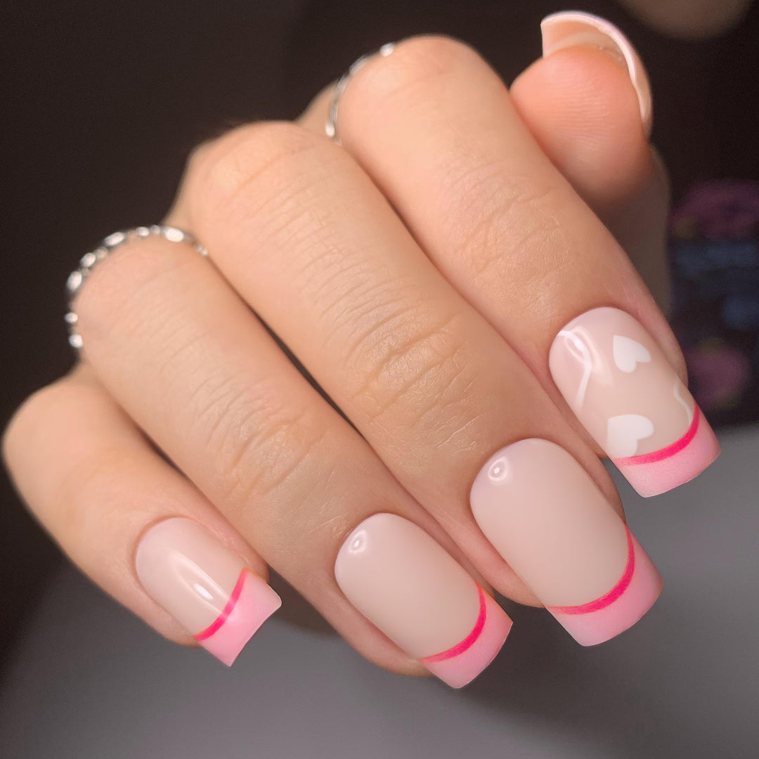 White Heart Pink Medium Coffin Press On Nails