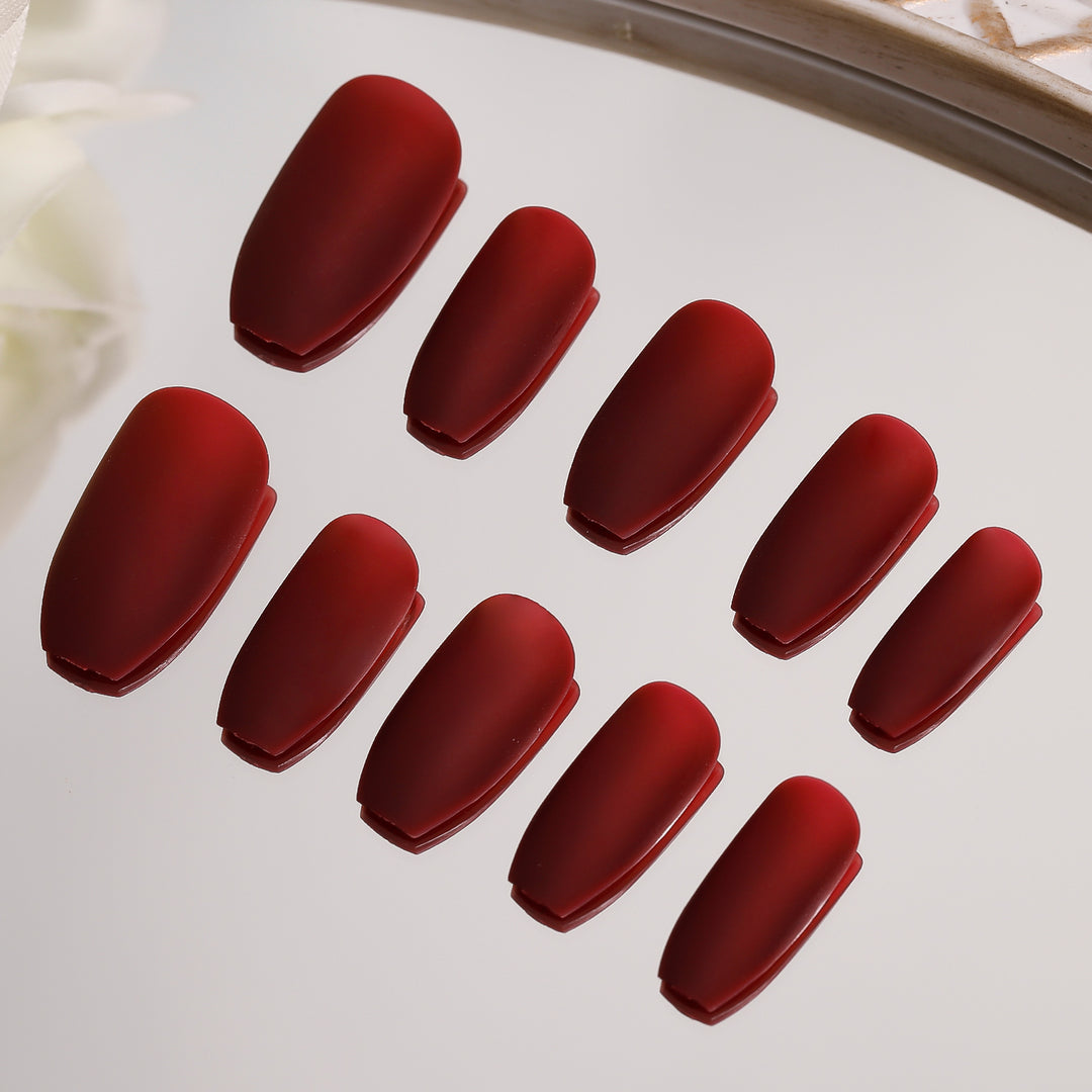 Red Frosted Solid Color Medium Coffin Press On Nails