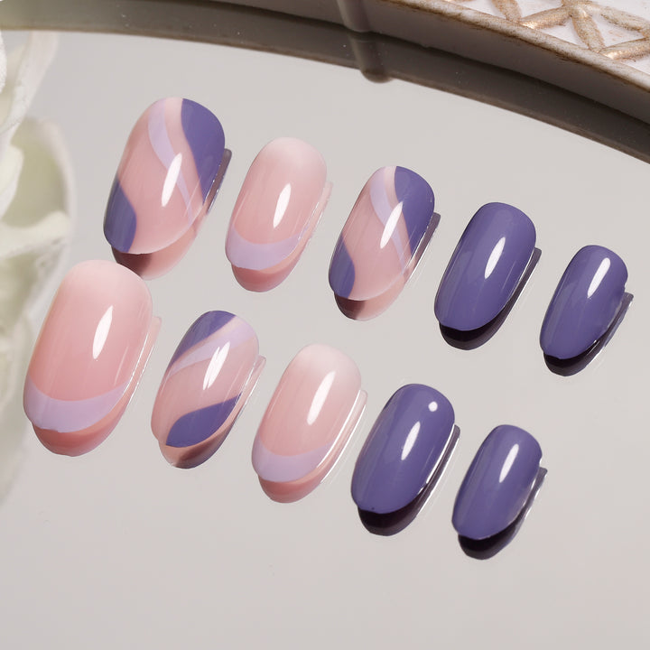 Ripple French Tips Nails Pink Purple Short Oval