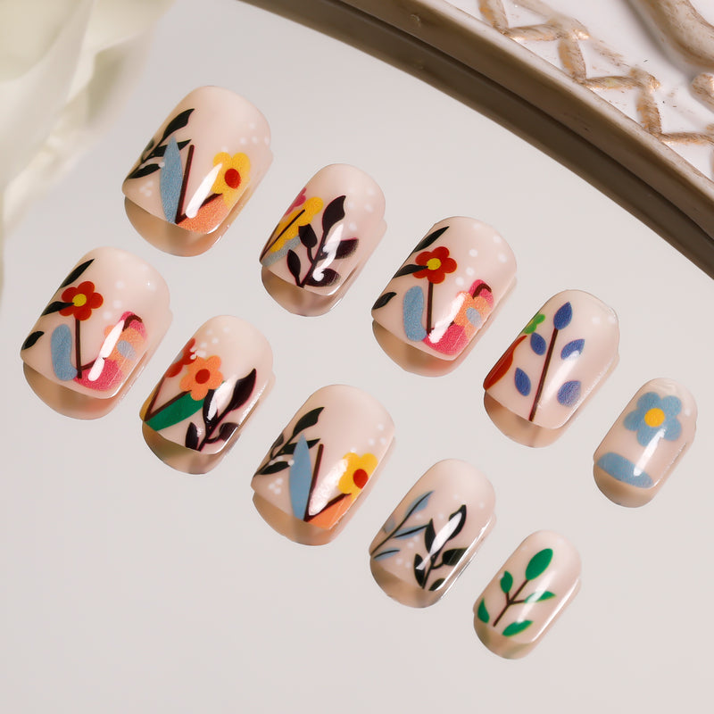 Flower Leaves Press On Nails Spring Multicolor Short Squoval