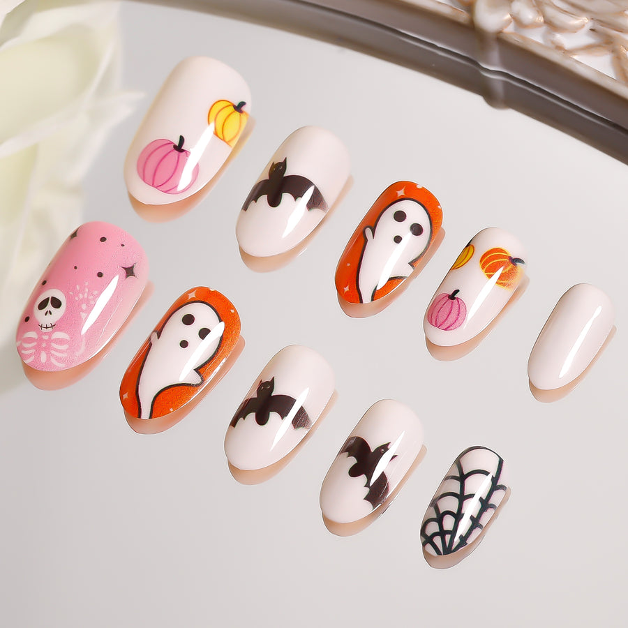 Cute Halloween Ghost Bats Pumpkin Short Oval Press On Nails – NOUMAY ...