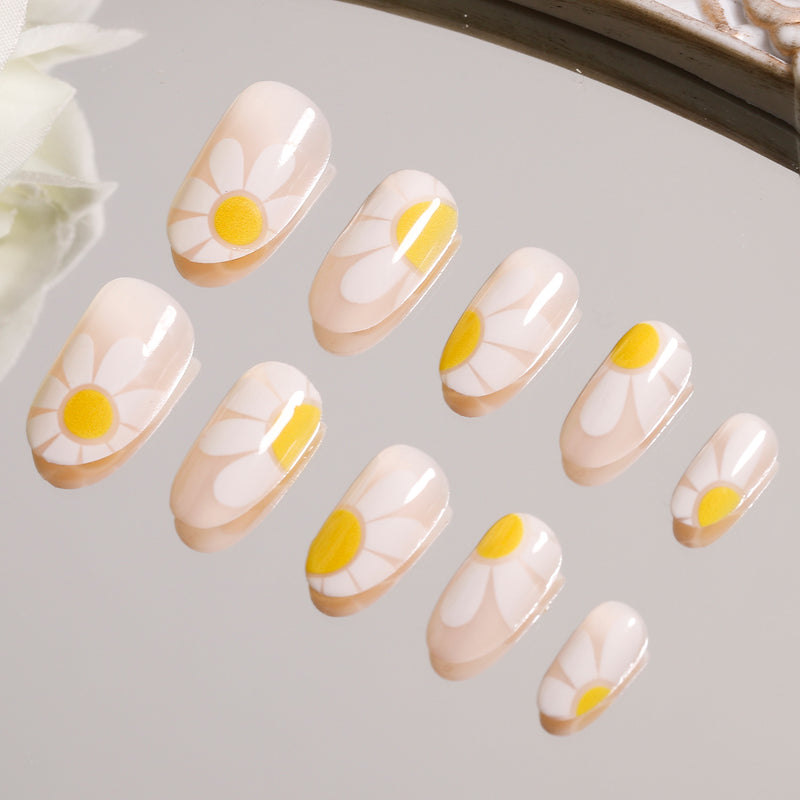 Flower Nails Yellow Short Squoval Press-Ons