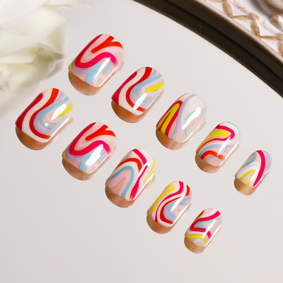 Multicolor Waves Press-Ons Short Squoval Nails