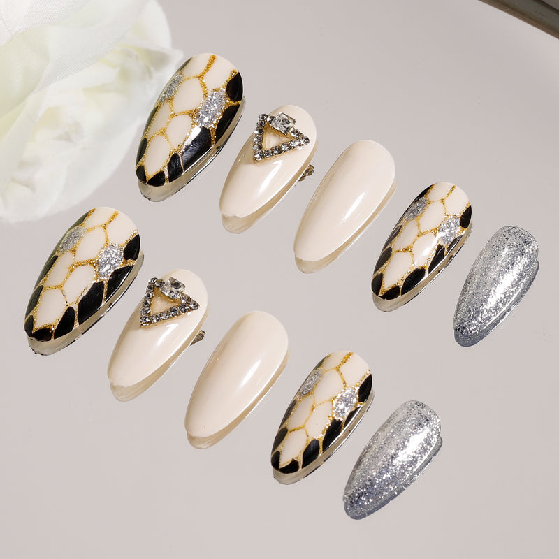 Sparkling Rhinestone Handmade Nails White Almond Press-Ons