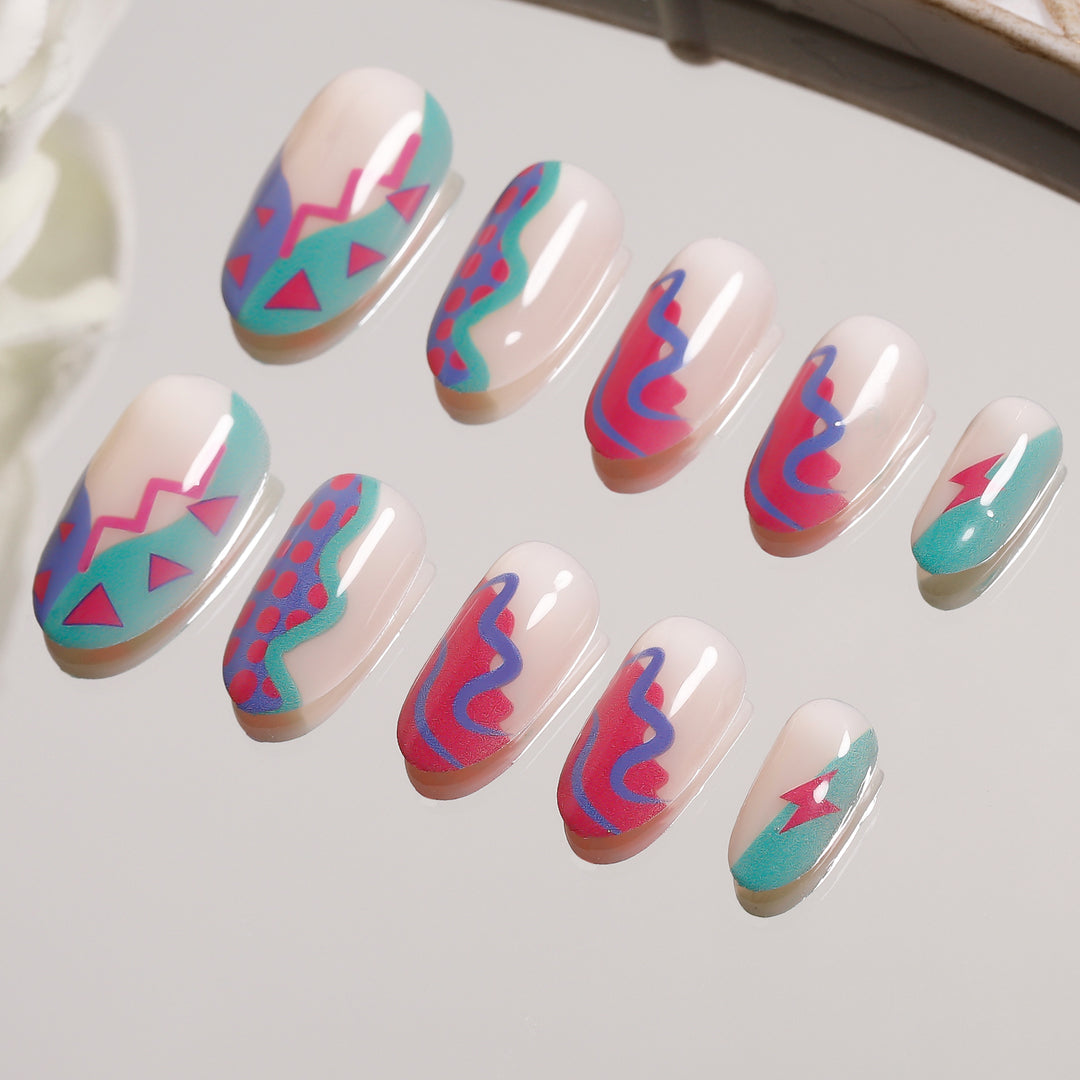 Abstract Multicolor Cute Medium Oval Press On Nails