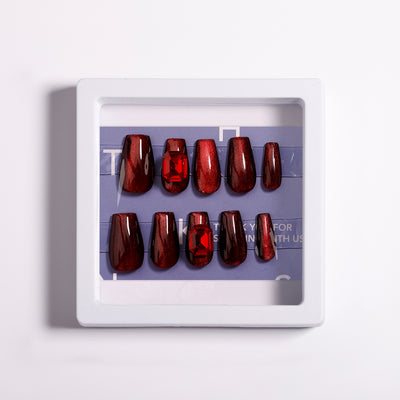 Rhinestone Glitter Press On Handmade Nails Red Coffin