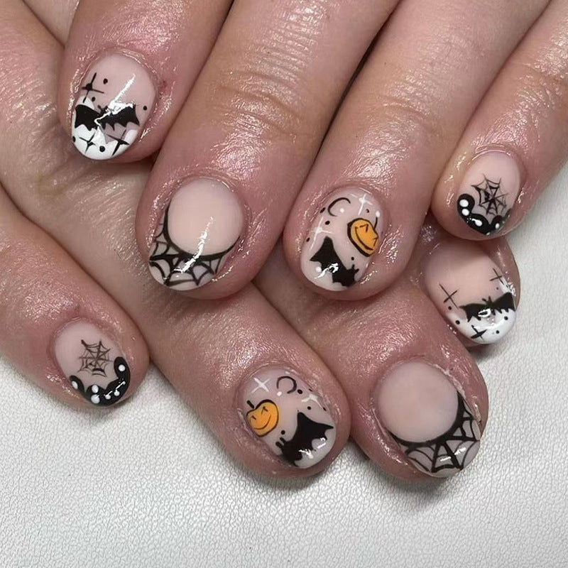 Pumpkin Spider Web French Tips Nails 