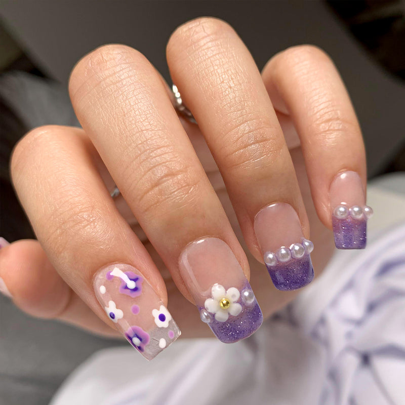 Flower Pearl French Tips Handmade Nails 