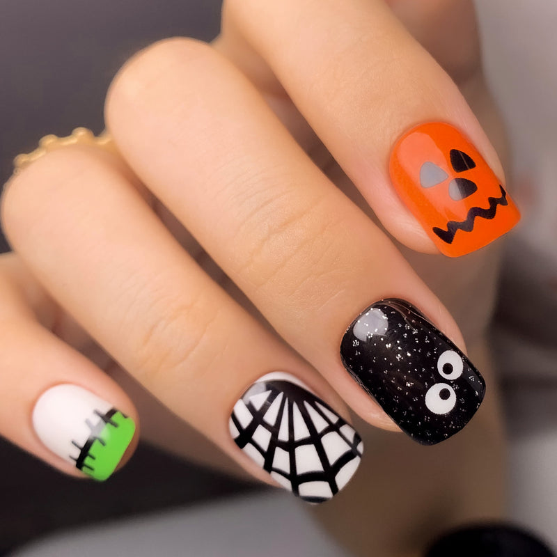 Pumpkin Carved Stick On Nails Halloween Multicolor Short Squoval