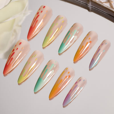 Flame French Tips Nails Multicolor Medium Stiletto