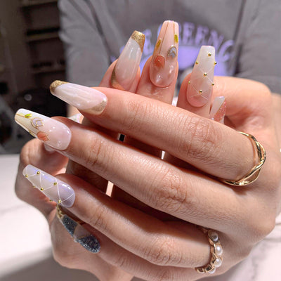 Stick On Handmade Nails Multicolor Long Coffin