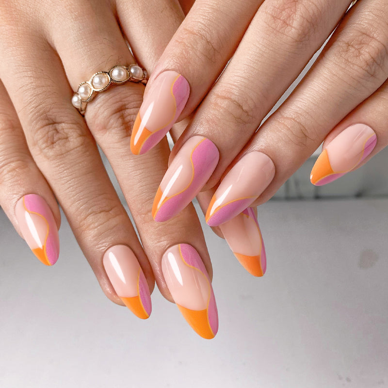 Line Pink Orange French Tips Nails Meidum Almond
