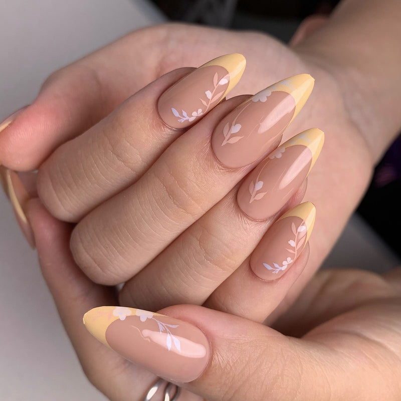 Leaves French Tips Nails Yellow Medium Almond