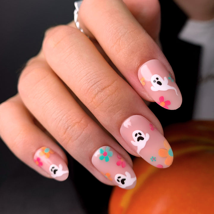 Halloween Ghost Flower Short Oval Press On Nails