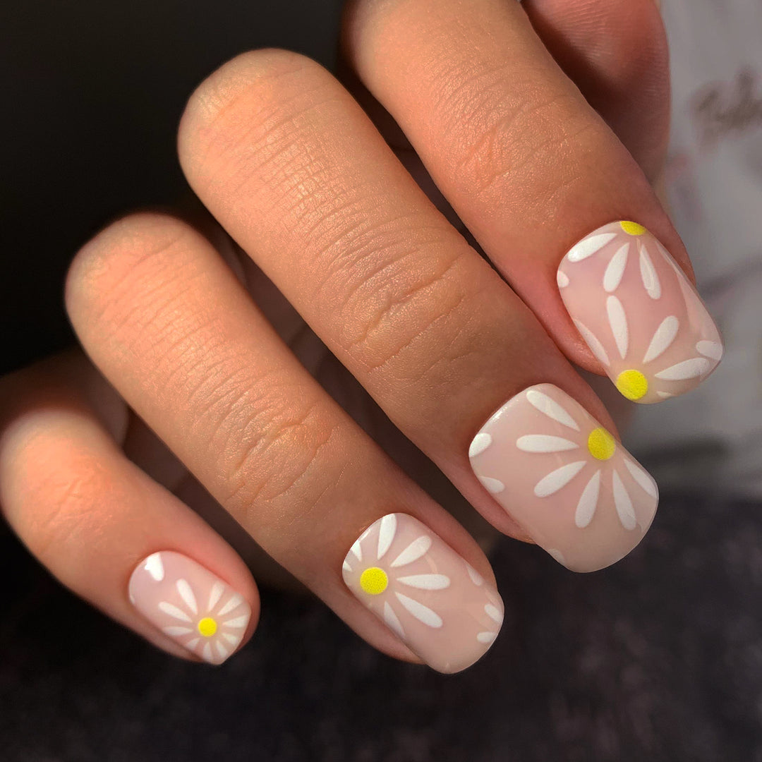 White Flower French Tips Short Squoval Press On Nails