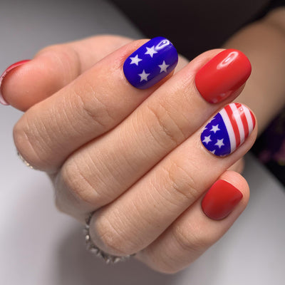 US Flag Simple Short Nails Glitter Multicolor Squoval