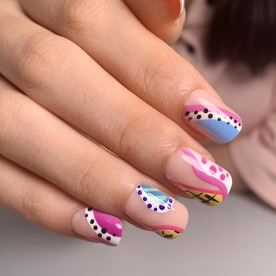 Abstract Short Press On Nails Multicolor Hot Wave Style