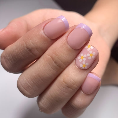 Purple French Nails Tips Cute Flower Short Square Style