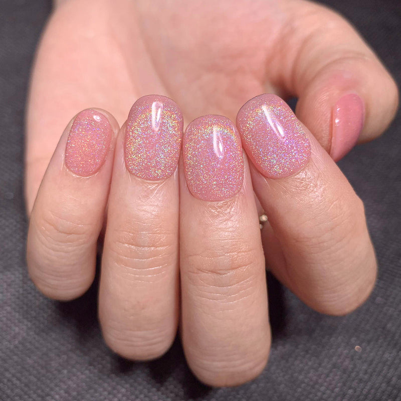 Cat Eyes Glitter Glue On Handmade Nails Pink Squoval