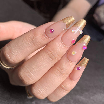 French Tips Nails Golden Long Coffin