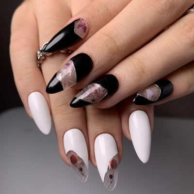 Romantic Roses Glue On Handmade Nails Black White Almond