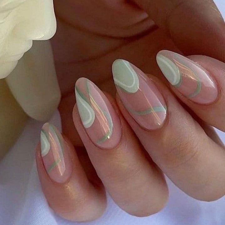 Line French Tips Nails Green Medium Almond
