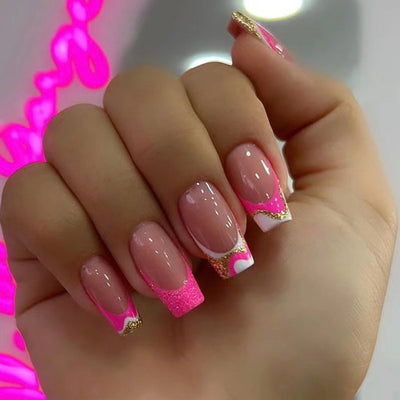 Acrylic French Tip Press on Nails Pink Medium Square