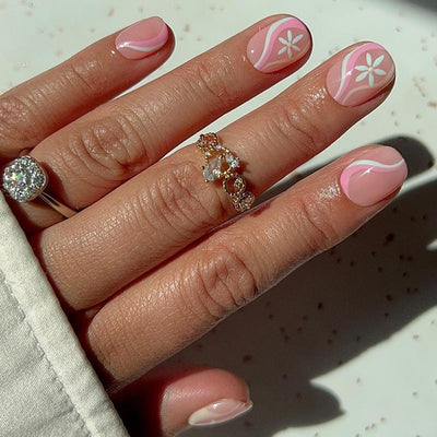 Line Flower Glue On Nails Pink 