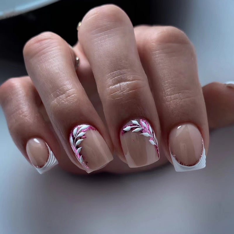 Leaves Short Press On Nails Pink Square