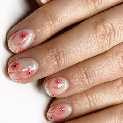 Cute Flower Press On Acrylic Nails Red Short Squoval 