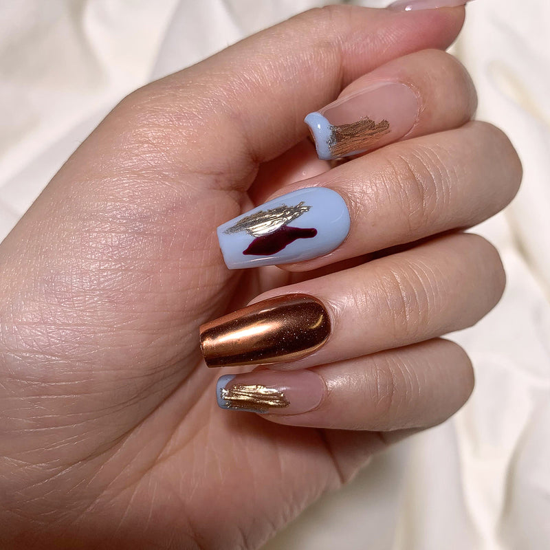 Blue Golden French Tips Nails