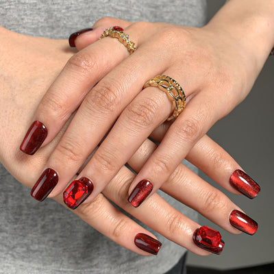 Elegant Rhinestone handmade Artificial Fingernails Red Square