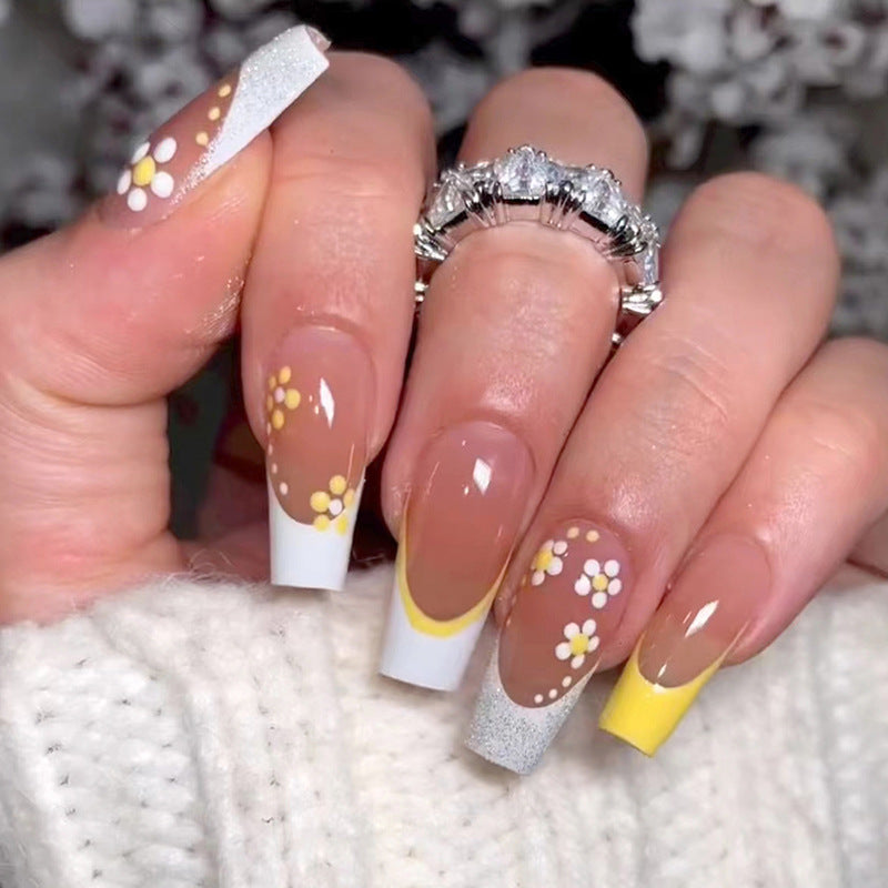 Yellow Flower French Tips Nails