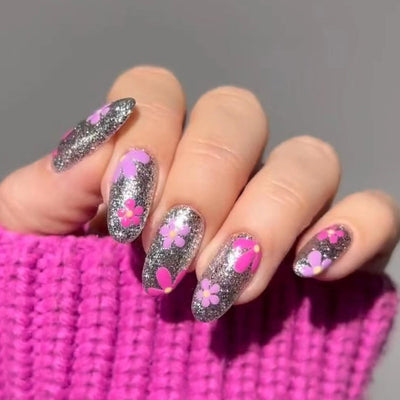 Flower Glitter Pop On Nails