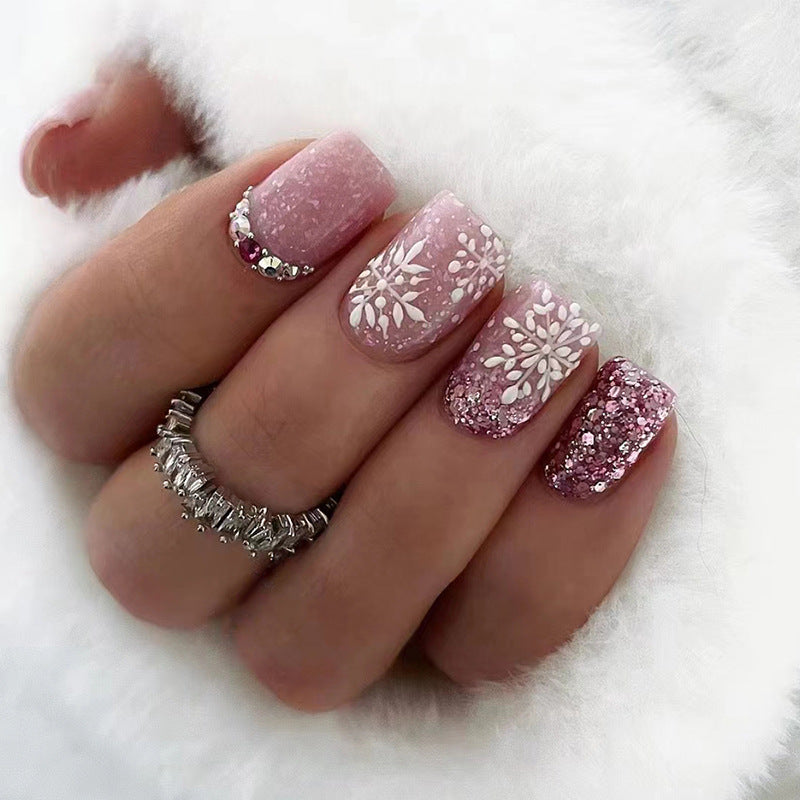 Snowflakes Christmas Glitter Nails Pink 