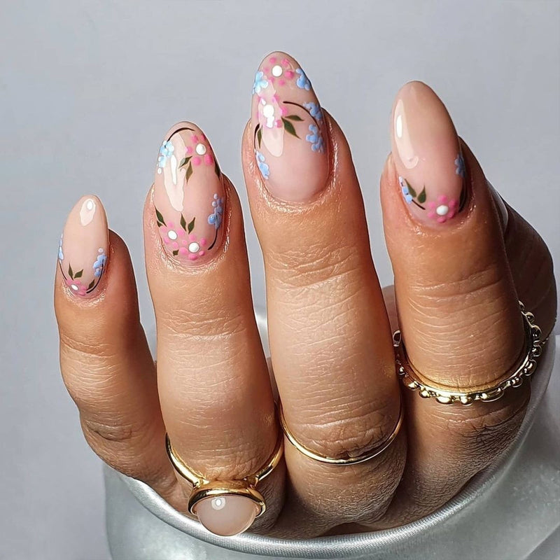 Flower Nails Pink Medium Almond