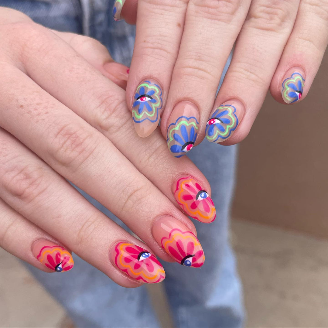 Spring Flower Nails Heart Multicolor Medium Almond Press-Ons