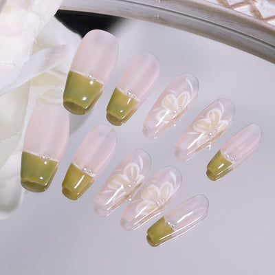 Flower Pearl French Tips Handmade Nails 