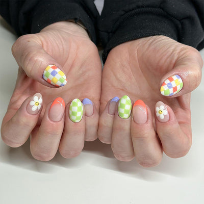 Flower Checkerboard French Tips Nails