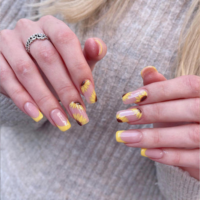 Flower French Tips Nails Yellow Medium Square
