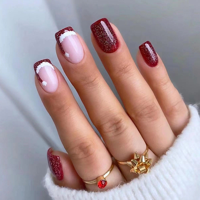 Glitter Christmas Hat French Tips Nails 