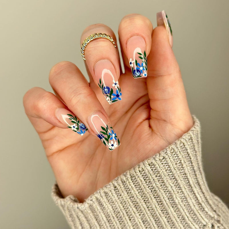 Flower Leaves French Tips Nails 